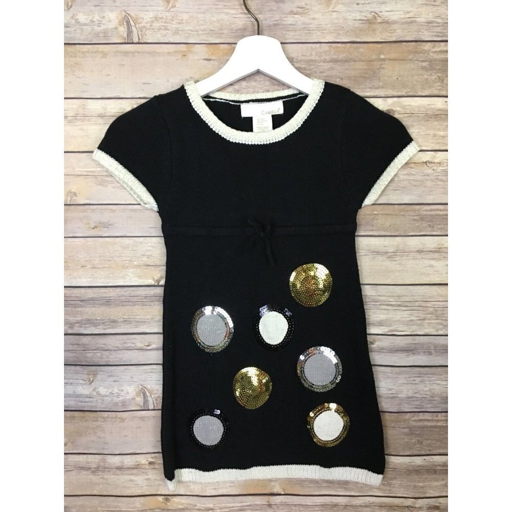 Camilla Girls Sweater Dress Size 6x Black Sequined Metallic Dots Circles Banded